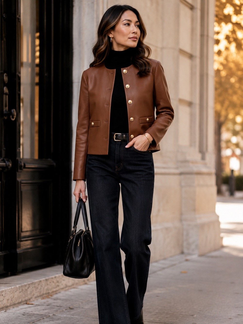 Ann Taylor Factory Cognac Faux Leather Jacket Petite 8P Gold Buttons NWT